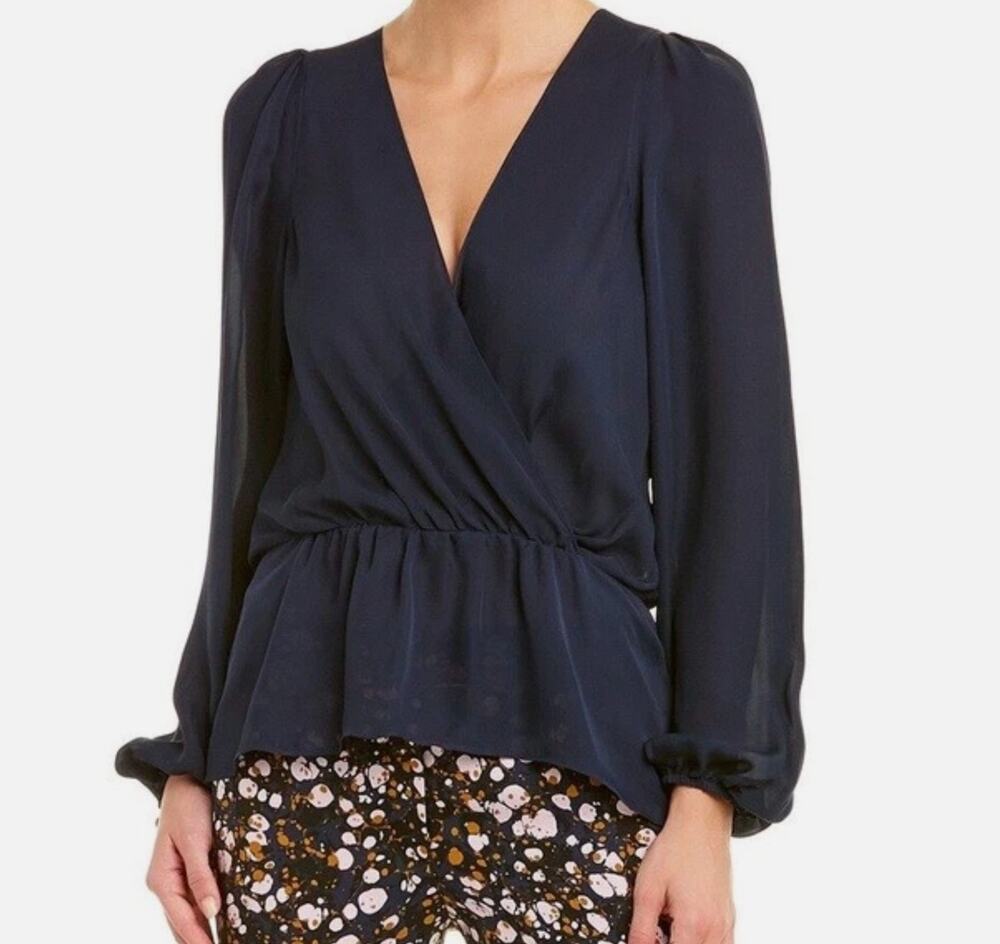 A.L.C. Eli Surplice V-Neck Wrap Silk Chiffon Navy Blouse Top Nordstrom 2 $375